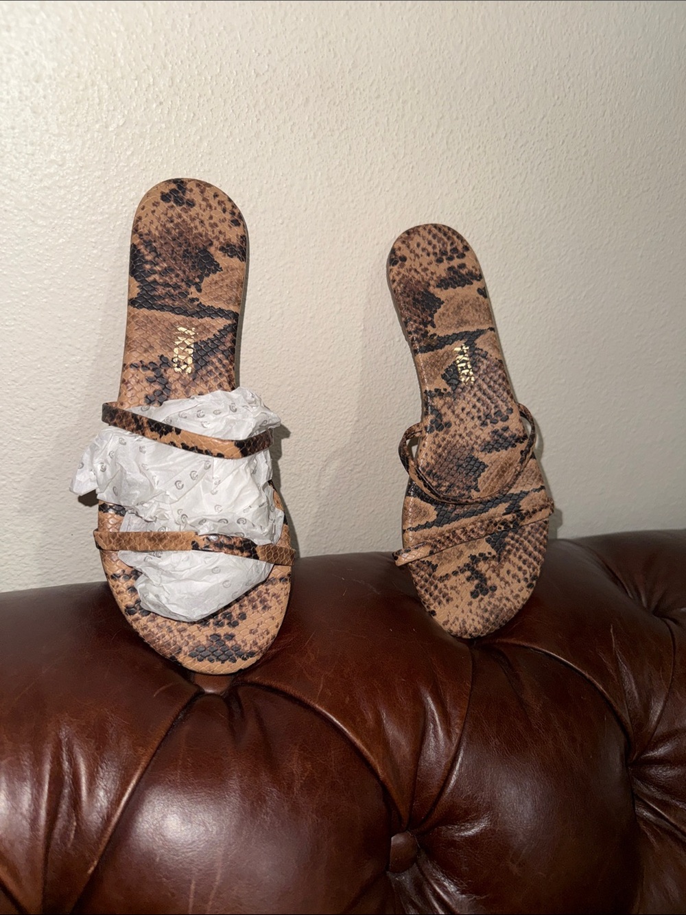 TKEES Snake-Print Strappy Slide Sandals in Brown